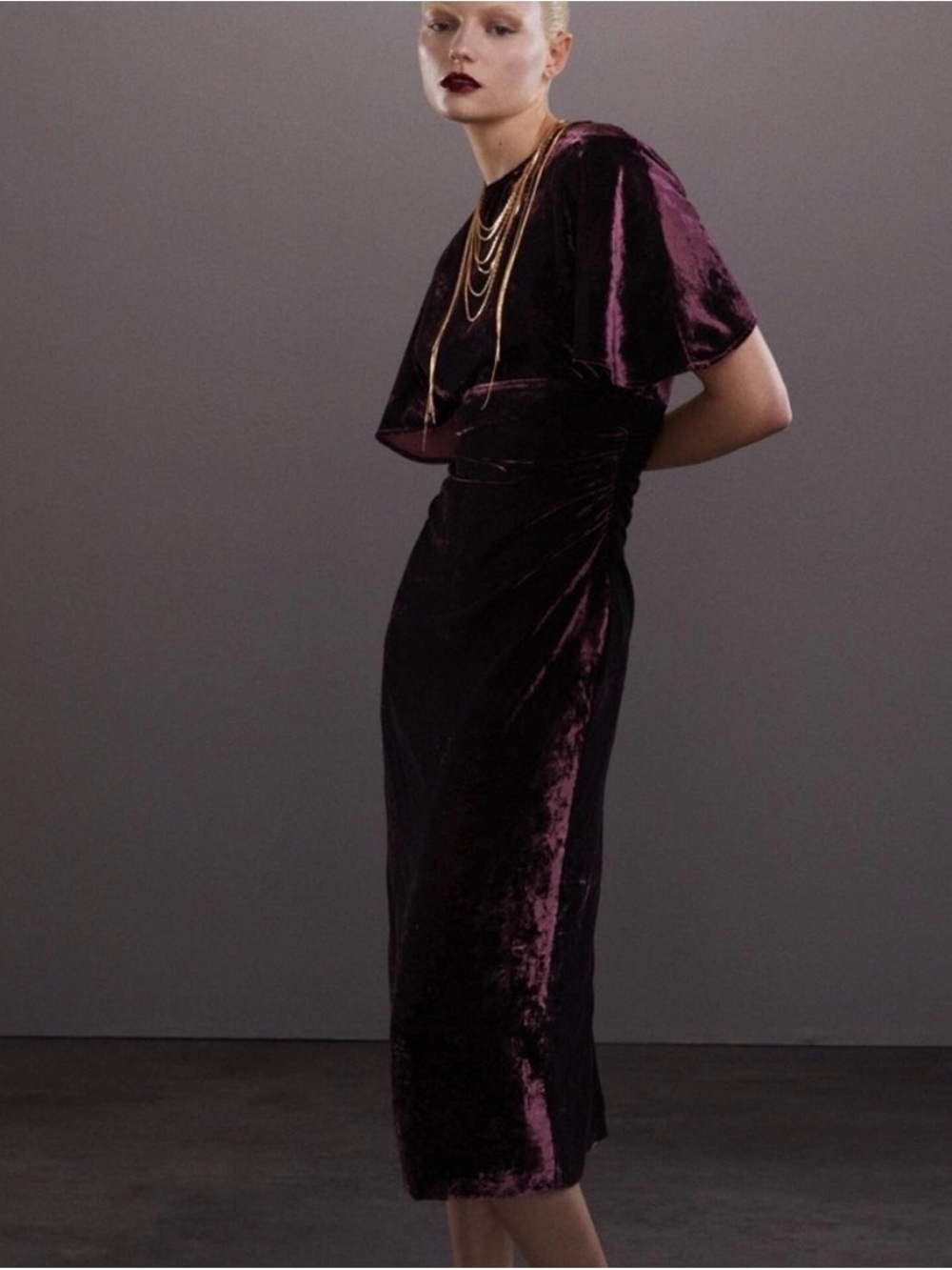 Zara Burgundy Velvet Cape Sleeve Midi Dress Size Small